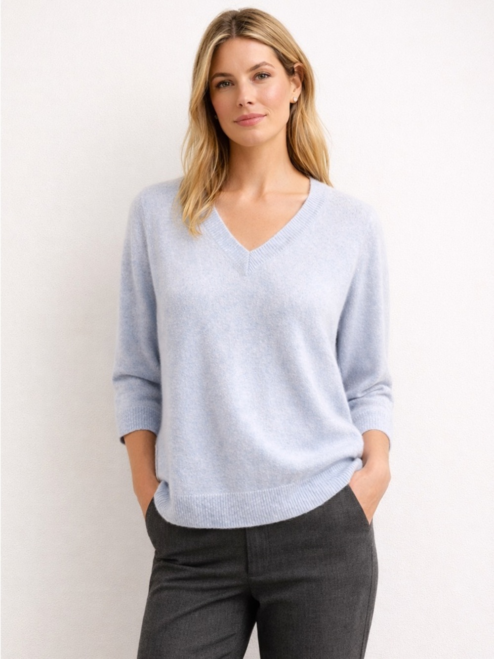 Belle France | Cashmere Sweater Light Blue 3/4 Sleeve V-Neck Soft Knit | Size L